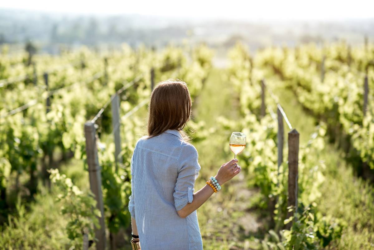 femme qui boit du vin devant des vignes