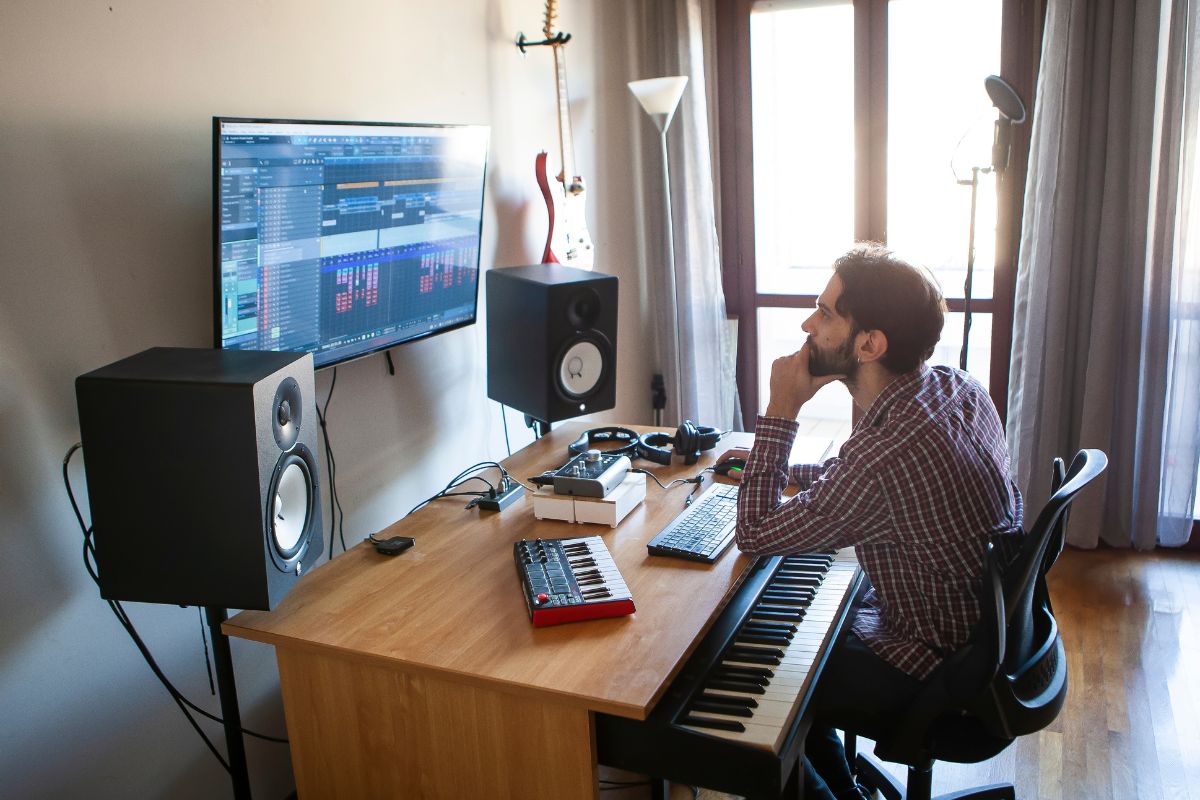 Un artiste travaillant sur une composition musicale avec des sons et des instruments virtuels.