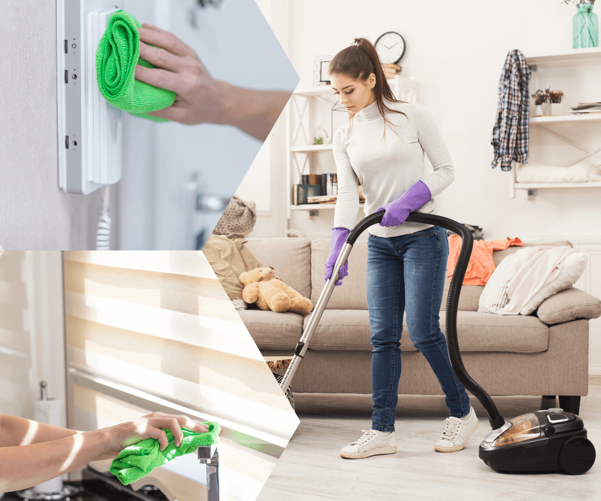 Une femme effectue l'entretien de sa maison.