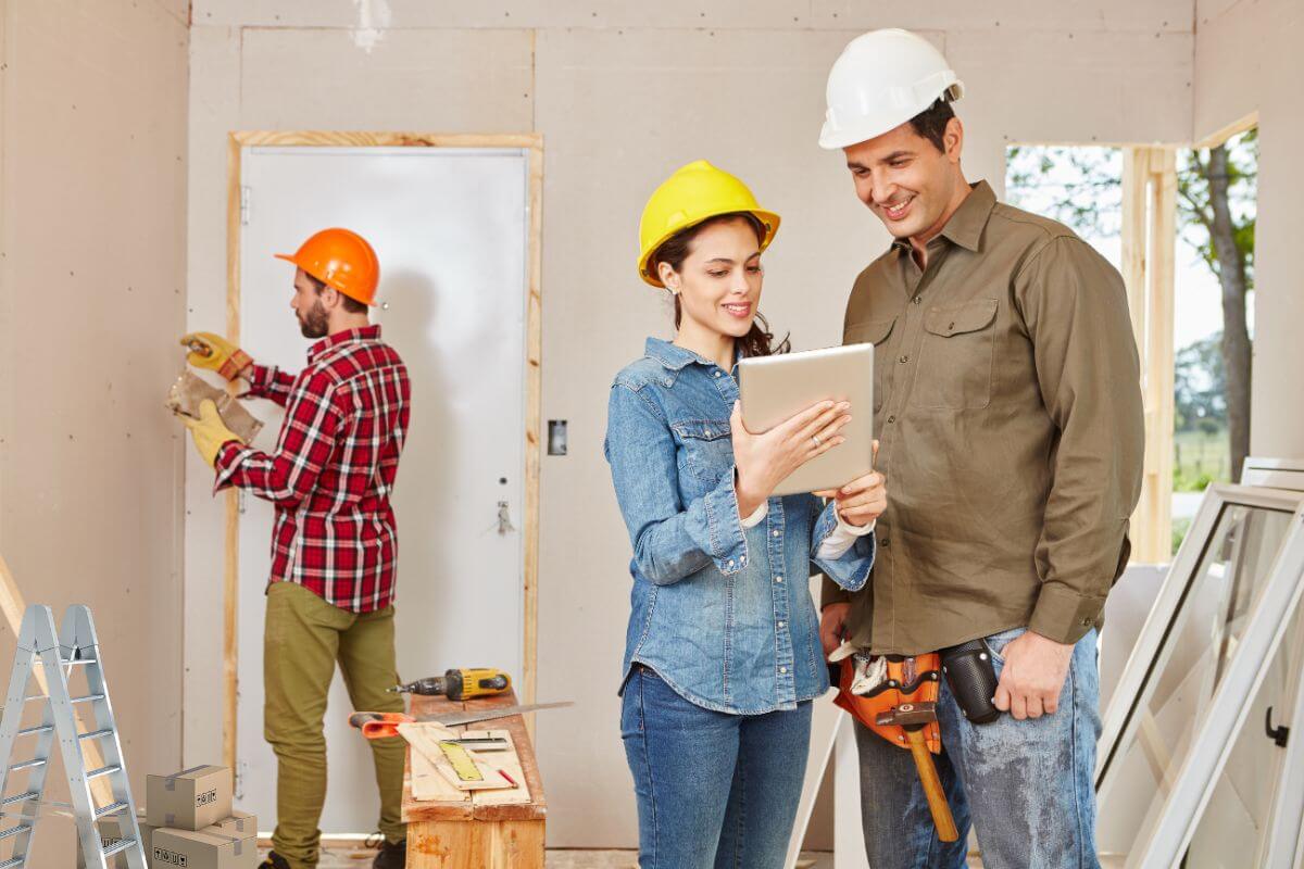 Des techniciens faisant des travaux de rénovation d'une maison