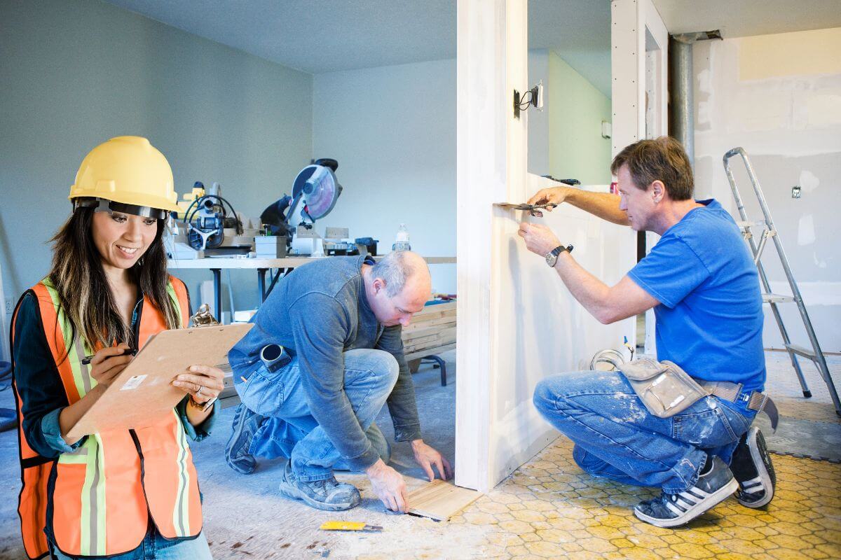 Une chef d'équipe surveille des travaux de rénovation que font les techniciens dans une maison. 