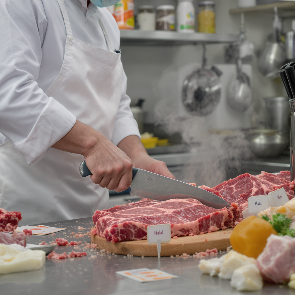 boucher découpant de la viande Halal 